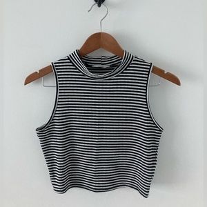 Striped Mock Neck Sleeveless Ribbed Crop Top